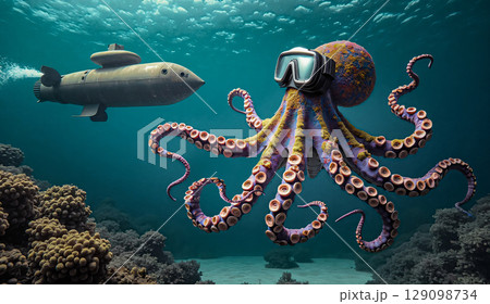 octopus in a diving mask.  The octopus watches the uninvited guests. 129098734