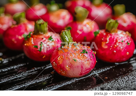 Grilled radish seasoned with spices and herbs on a barbecue grill 129098747