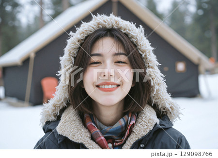 雪景色のキャンプ場で笑顔を見せる冬服の若い女性 129098766