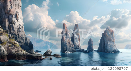 Fantasy alien planet, Mountain and lake 3D illustration - Ai Generated Fantasy alien planet, Mountain and lake 3D illustration - Ai Generated 129098797