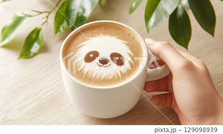 Latte art with sloth design held by human hand, lush leaves in background 129098939