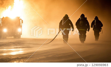 Firefighters rushing towards a blaze in protective gear, emergency, concept, background 129098963
