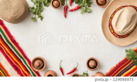 Cinco de Mayo festive frame with chili peppers, sombrero, clay pots and copy space background 129098973