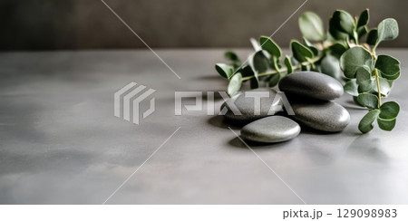 Spa concept background with smooth stones and green leaves on gray surface 129098983