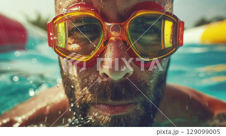 Swimmer in pool with goggles looking determined and focused close-up 129099005
