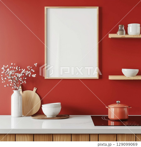 Mockup artist canvas in vertical format on red background. format front view. Frame for design Mockup artist canvas in vertical format on red background. format front view. Frame for design 129099069