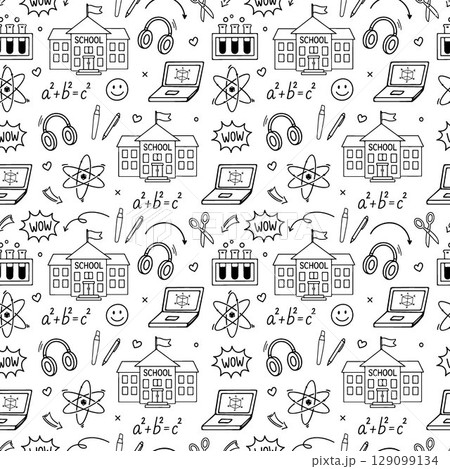Back to school seamless vector pattern. Pattern school supplies. Vector illustration. Hand-Drawn. Flat design, Black and white line sketch. Stationery, school, laptop, headphones 129099134