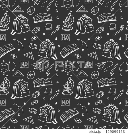 Pattern school supplies on black background. School background. Back to school. Blackboard with Drawings of School Supplies. Seamless pattern with doodles. Abstract blackboard. Education concept Pattern school supplies on black background. School background. Back to school. Blackboard with Drawings of School Supplies. Seamless pattern with doodles. Abstract blackboard. Education concept 129099138