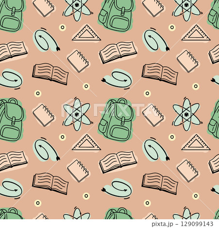 Back to school seamless vector pattern. Pattern school supplies. Vector illustration. Hand-Drawn doodle sketch, Flat design. Multicolored elements 129099143