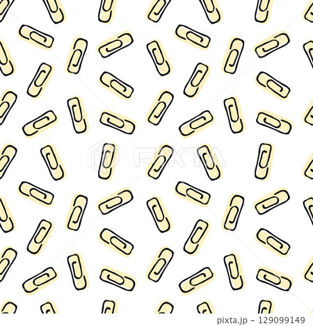 Seamless vector pattern with yellow paper clips on white background. Paper clips background. Paper clips vector illustration in doodle sketch 129099149