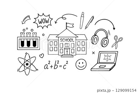 Set of school vector icons in doodle style. Black and white sketch of school supplies. Back to school. Vector outline illustration. School building, test tubes, laptop, headphones Set of school vector icons in doodle style. Black and white sketch of school supplies. Back to school. Vector outline illustration. School building, test tubes, laptop, headphones 129099154
