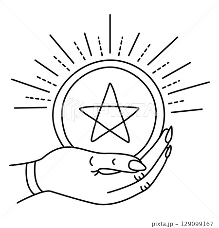 Ace of pentacles, tarot card sign in minimal style, the symbol of wealth. Vector black line illustration 129099167