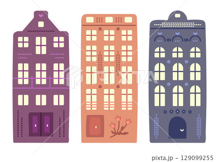 Dutch architecture, three canal houses in Amsterdam style. Set of cute colorful Netherland buildings, preppy doodle, vector illustration, author's interpretation, experimental art Dutch architecture, three canal houses in Amsterdam style. Set of cute colorful Netherland buildings, preppy doodle, vector illustration, author's interpretation, experimental art 129099255