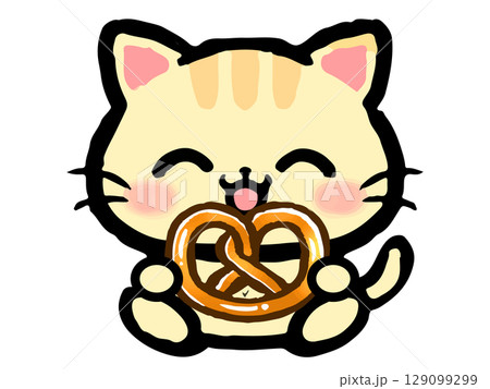 ブレッツェルを食べる猫の落書き風イラスト素材 129099299