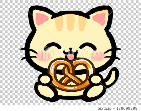 ブレッツェルを食べる猫の落書き風イラスト素材 129099299
