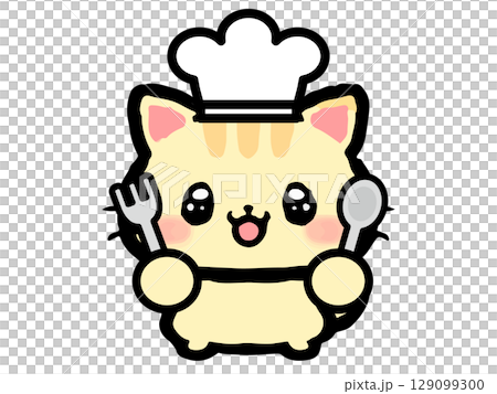 コック帽子をかぶったトラ猫シェフの落書き風イラスト素材4 129099300