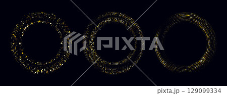 Golden halftone frames with abstract dot pattern and radial light design. Elegant vector background in gold tones with glitter elements and circular symmetry. Golden halftone frames with abstract dot pattern and radial light design. Elegant vector background in gold tones with glitter elements and circular symmetry. 129099334