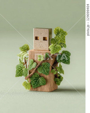 A creative eco-themed USB stick with a wooden base wrapped in green ivy vines and leaves, blending technology with nature in a minimalist, organic design A creative eco-themed USB stick with a wooden base wrapped in green ivy vines and leaves, blending technology with nature in a minimalist, organic design 129099404