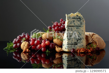 Gorgonzola cheese with ciabatta, walnuts, grapes, and aromatic herbs. Gorgonzola cheese with ciabatta, walnuts, grapes, and aromatic herbs. 129099571