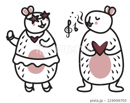 Two capybaras dance and sing, black line vector doodle, festive mood, trendy kawaii characters, big friendly rodents for a postcard, coloring page, fabric prints, etc. 129099705