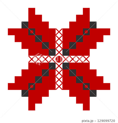 Ukrainian traditional embroidery in black and red colors, folk ornament, single flower with four petals and a cross 129099720