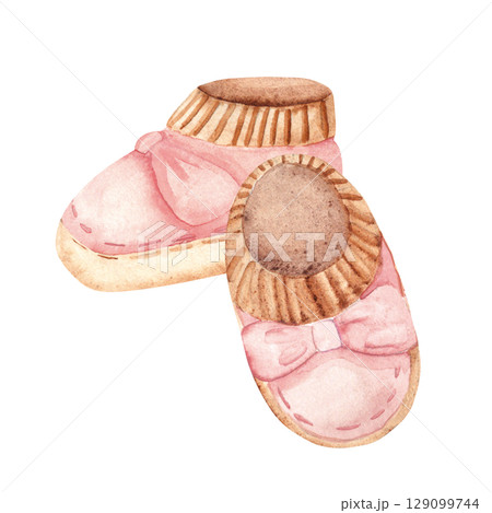 Watercolor Baby Girl pink Booties. Hand drawn illustration of Shoes for Newborn isolated on a white background. Cute Infant clipart for invitations, Gender party, Baby shower, Greeting cards, Nursery 129099744