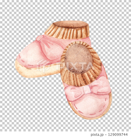 Watercolor Baby Girl pink Booties. Hand drawn illustration of Shoes for Newborn isolated on a white background. Cute Infant clipart for invitations, Gender party, Baby shower, Greeting cards, Nursery 129099744