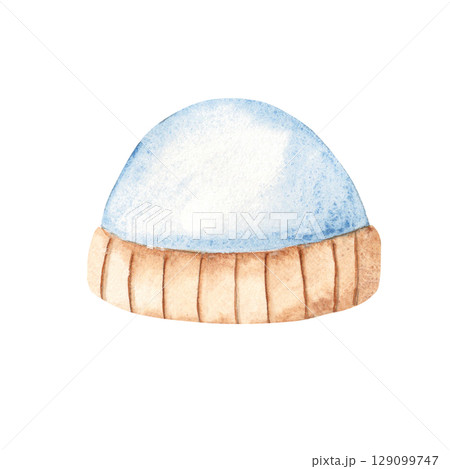 Watercolor illustration of Baby Boy Cap. Hand drawn Watercolor illustration of cute blue Bonnet for Newborn isolated on a white background. Infant accessory for invitations, Gender party, Baby shower 129099747