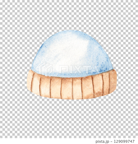 Watercolor illustration of Baby Boy Cap. Hand drawn Watercolor illustration of cute blue Bonnet for Newborn isolated on a white background. Infant accessory for invitations, Gender party, Baby shower 129099747