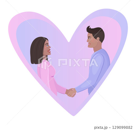 Woman and man inside of a heart, life partner's handshake, colorful illustration, cute flat characters, modern trendy people in love, vector color illustration Woman and man inside of a heart, life partner's handshake, colorful illustration, cute flat characters, modern trendy people in love, vector color illustration 129099882