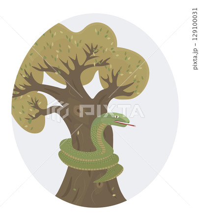 Green snake and tree, vector colorful oval illustration 129100031