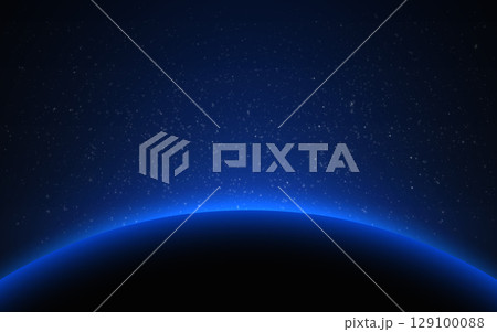 Space background with glowing blue horizon of a planet and starry sky. Space sunrise effect. Deep universe atmosphere with bright light. Cosmos eclipse with solar ring. Vector Illustration 129100088