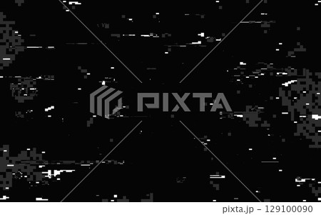 Glitch background with white and black pixel blocks. Static noise and distorted screen effect. Futuristic banner template for tech, hacker or retro visual. Vector Illustration Glitch background with white and black pixel blocks. Static noise and distorted screen effect. Futuristic banner template for tech, hacker or retro visual. Vector Illustration 129100090