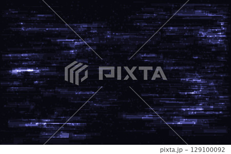 Glitch background with digital distortion. Pixelated noise effect in dark neon colors for tech or cyber design. Video damage template. Overlay cyberpunk texture. Vector Illustration 129100092