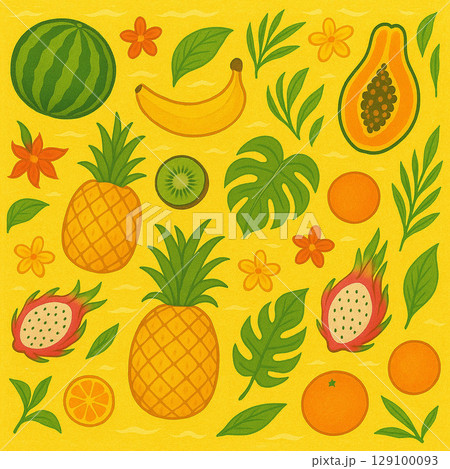 シームレスなフルーツのパターンのテキスタイル黄色 129100093