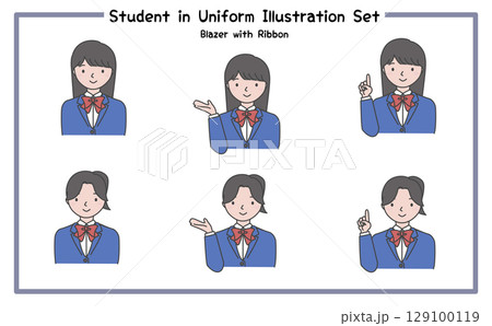 学生の制服姿 イラストセット3-5 (ジャケット&リボン) 学生の制服姿 イラストセット3-5 (ジャケット&リボン) 129100119