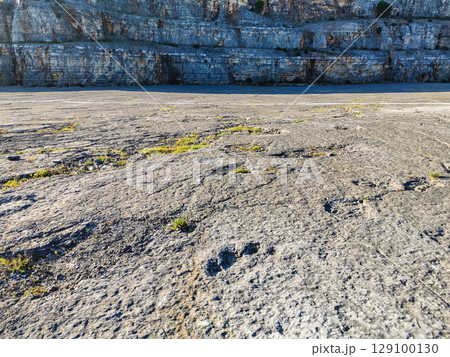 Natural monument of fossil dinosaur footprints in Portugal. Pedagogical circuit and visitors can see and touch the footprints Natural monument of fossil dinosaur footprints in Portugal. Pedagogical circuit and visitors can see and touch the footprints 129100130