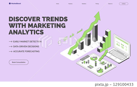 Cartoon Color Discover Trends with Marketing Analytics Concept Banner 3d Isometric View Line Elements. Vector illustration 129100433