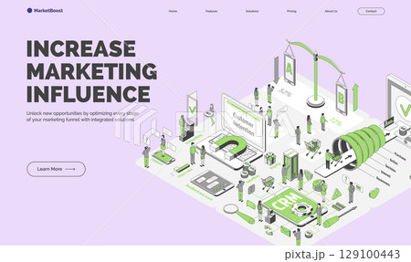 Cartoon Color Increase Marketing Influence Concept Banner 3d Isometric View Line Elements for Business. Vector illustration 129100443