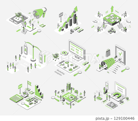 Cartoon Customer Retention and AB Testing with Separate Set Growth Marketing Concept 3d Isometric View Line Elements. Vector illustration 129100446