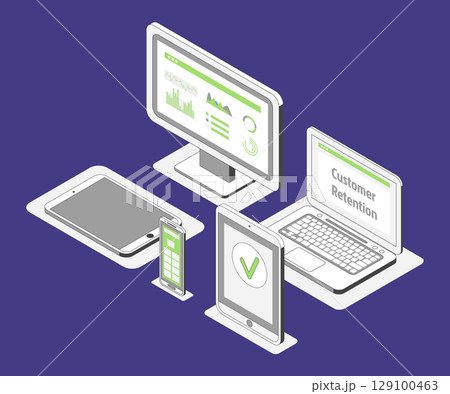 Cartoon Color Different Types Device for Growth Marketing Concept 3d Isometric View Line Elements. Vector illustration 129100463