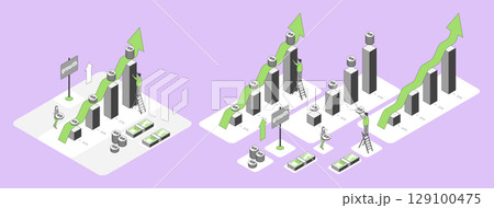 Cartoon Color Profit Chart with Separate Set Growth Marketing Concept 3d Isometric View Line Elements. Vector illustration 129100475