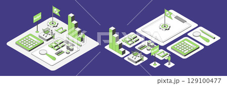 Cartoon Color Calculations and Budget with Separate Set Growth Marketing Concept 3d Isometric View Line Elements. Vector illustration 129100477