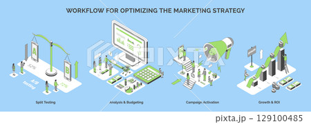 Cartoon Color Workflow for Optimizing Strategy Growth Marketing Concept 3d Isometric View Line Elements. Vector illustration 129100485