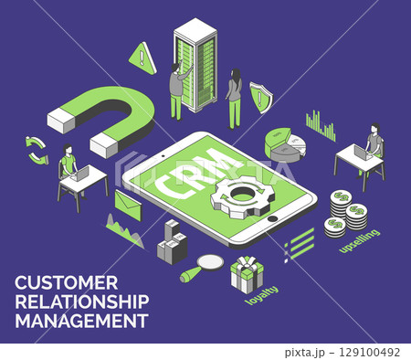 Cartoon Color Customer Relationship Set Growth Marketing Concept 3d Isometric View Line Elements. Vector illustration of CRM 129100492