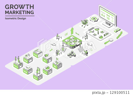 Cartoon Color Tools, Team, Sales Dashboard and Analytics Growth Marketing Concept 3d Isometric View Line Elements. Vector illustration 129100511