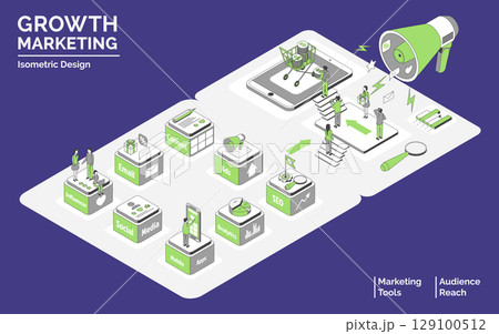 Cartoon Color Tools and Audience Reach with Loudspeaker Growth Marketing Concept 3d Isometric View Line Elements. Vector illustration Cartoon Color Tools and Audience Reach with Loudspeaker Growth Marketing Concept 3d Isometric View Line Elements. Vector illustration 129100512