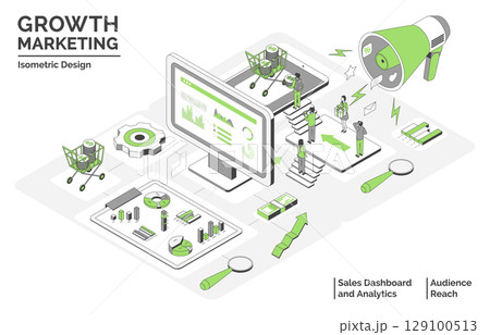 Cartoon Color Audience Reach, Sales Dashboard and Analytics Growth Marketing Concept 3d Isometric View Line Elements. Vector illustration 129100513