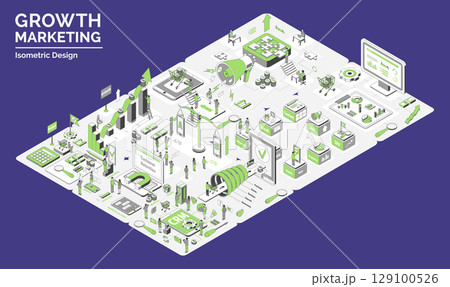 Cartoon Color Growth Marketing Concept 3d Isometric View Line with Elements Platform. Vector illustration of Project 129100526