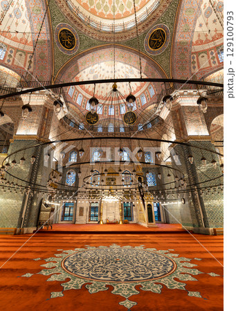 New Mosque, Turkish: Yeni Cami, Interior, showcasing Ottoman Islamic architecture and intricate patterns, Istanbul, Turkey New Mosque, Turkish: Yeni Cami, Interior, showcasing Ottoman Islamic architecture and intricate patterns, Istanbul, Turkey 129100793